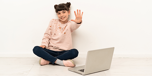 Girl With Laptop Holding Up Five Fingers