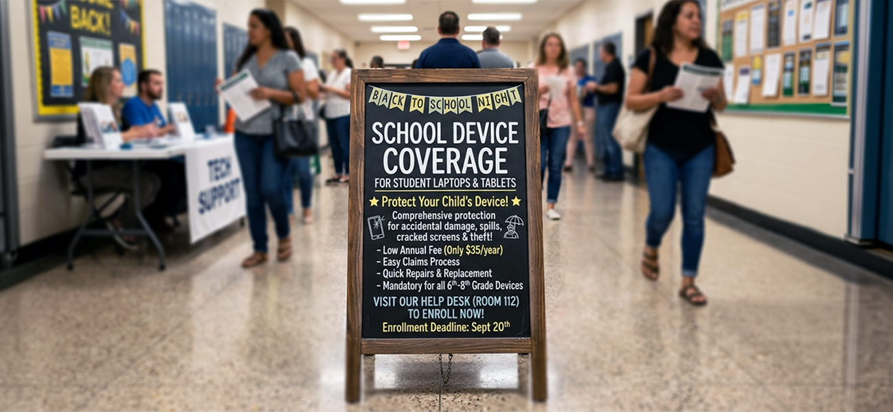 Image: A prominate sign for School Device Coverage at back to school night.