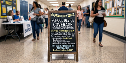 Image: A prominate sign for School Device Coverage at back to school night.