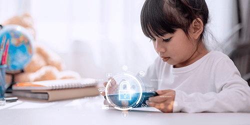 Image: Student using a tablet with cyber security icons.