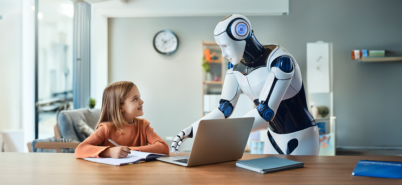 Image: A robot helping a young student complete homework.