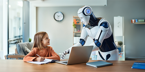 Image: A robot helping a young student complete homework.